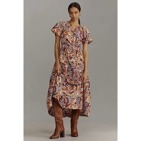 Anthropologie Somerset Tiered Maxi Dress Bronze Paisley print poplin pockets - Picture 2 of 11